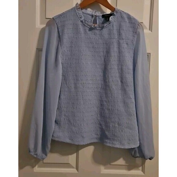 Halogen Tops - Halogen Sz XL Women's Light Blue Top Ruffle Neck Sheer Long Sleeves Blouse